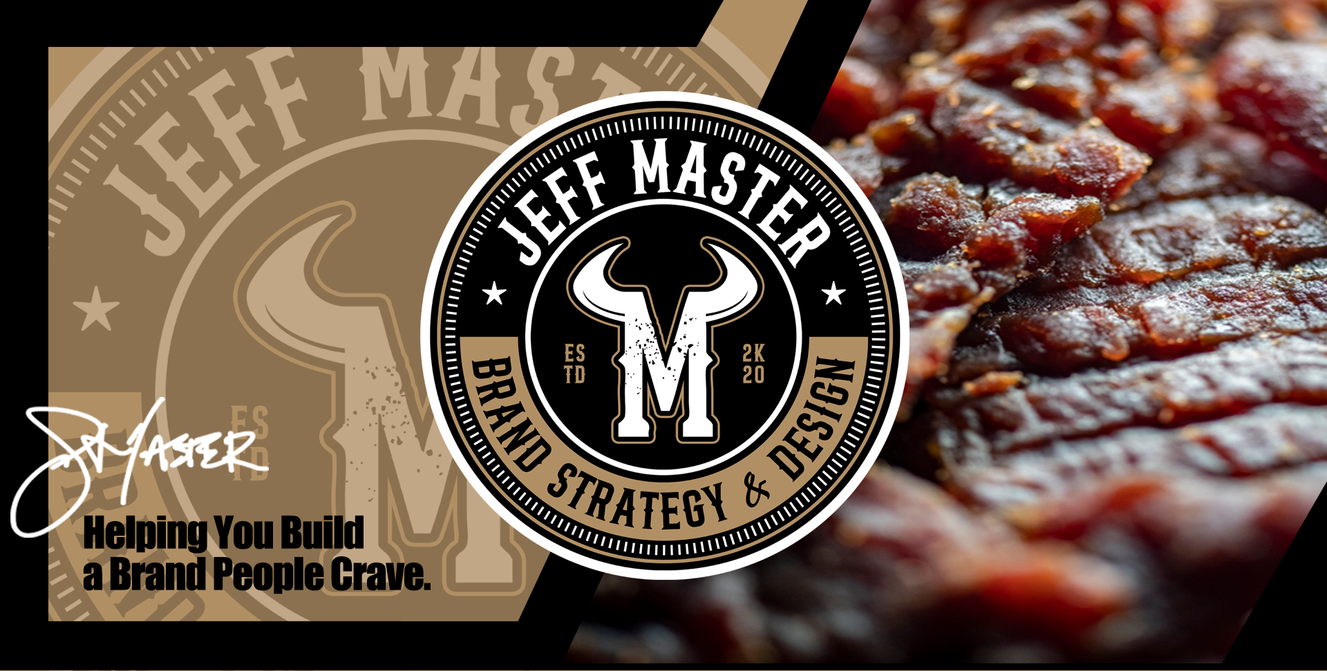 Jeff Master brand strategy and design badge beside beef jerky