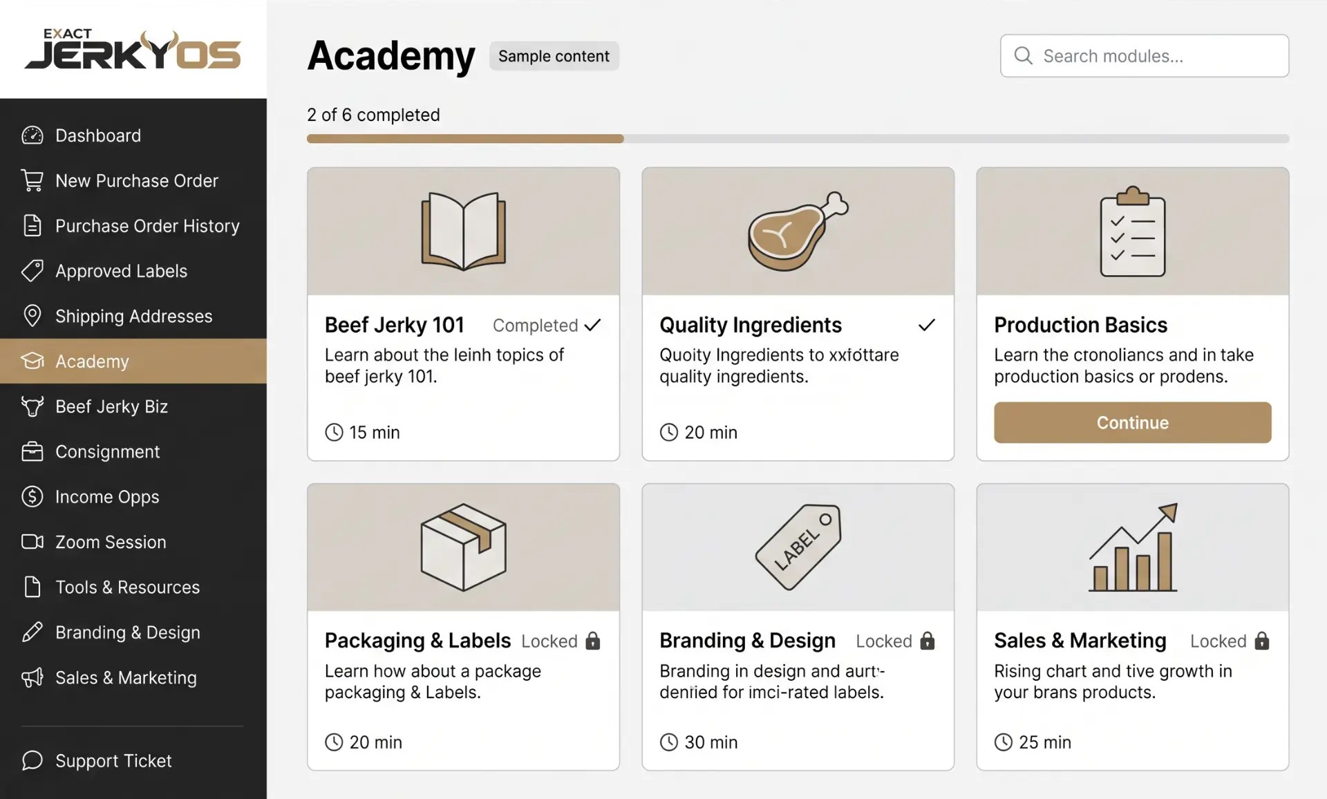 JerkyOS Academy preview showing sample lessons on products, packaging, branding, and sales