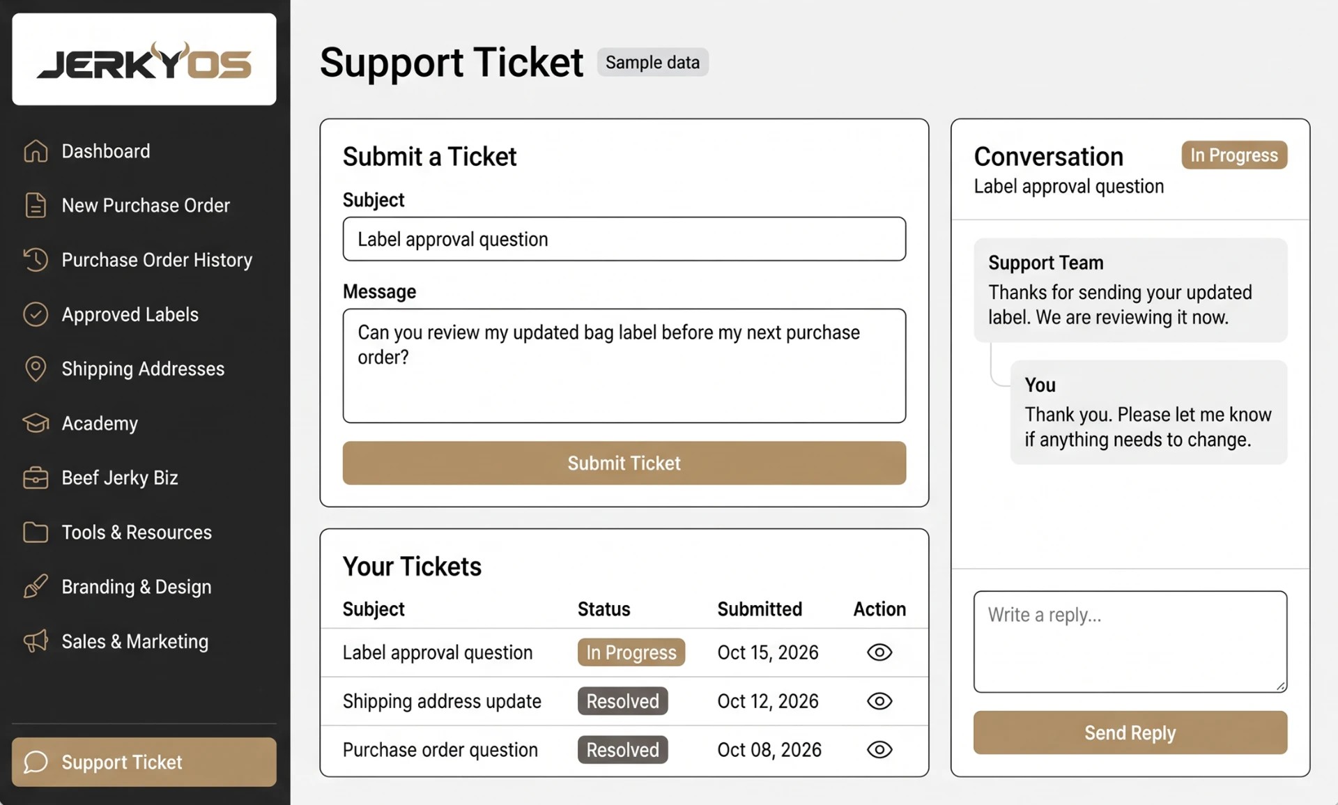 JerkyOS Support preview showing sample support tickets and conversations